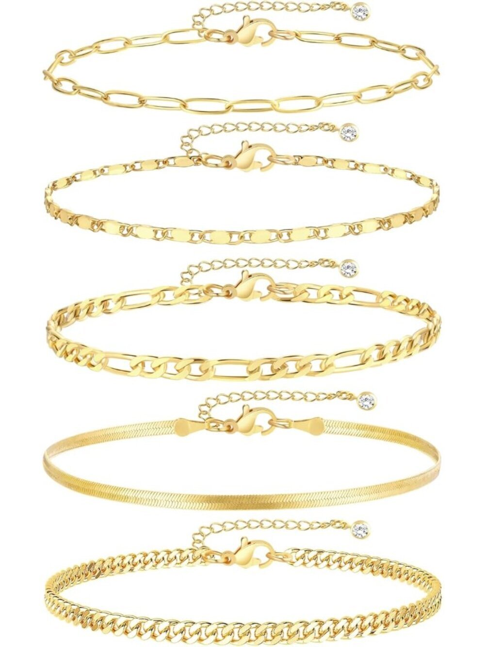 Women's 14k Gold Plated Waterproof Cuban Link Chain Layered Anklet Bracelets